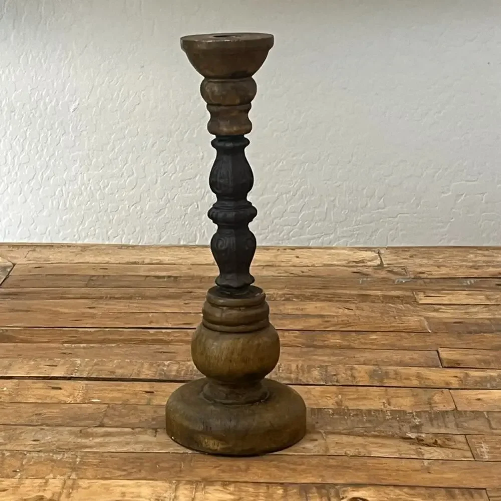 Antique Candle Holder Hand Carved Cast Iron and Wood 12.8